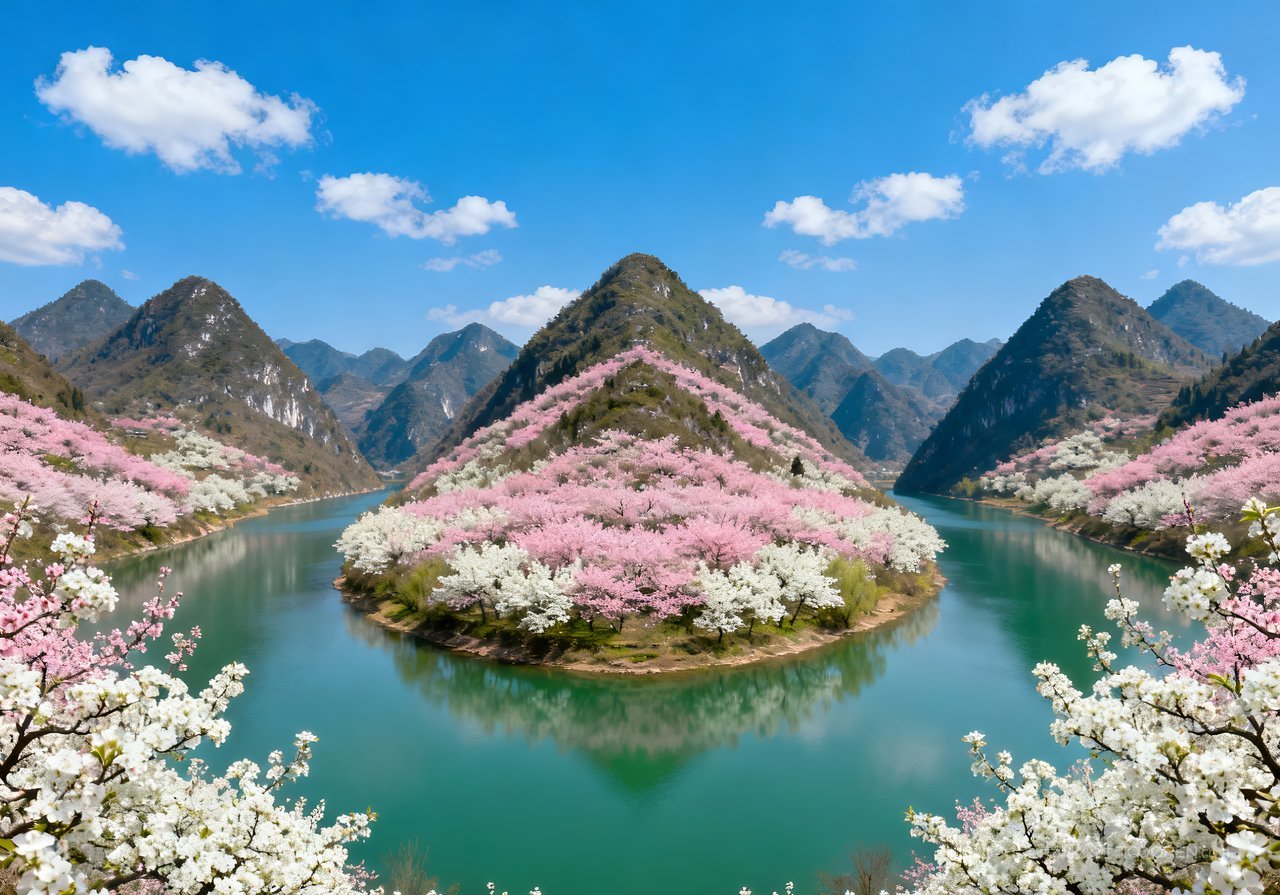 唯美山水春天河流意境山峰天空风景