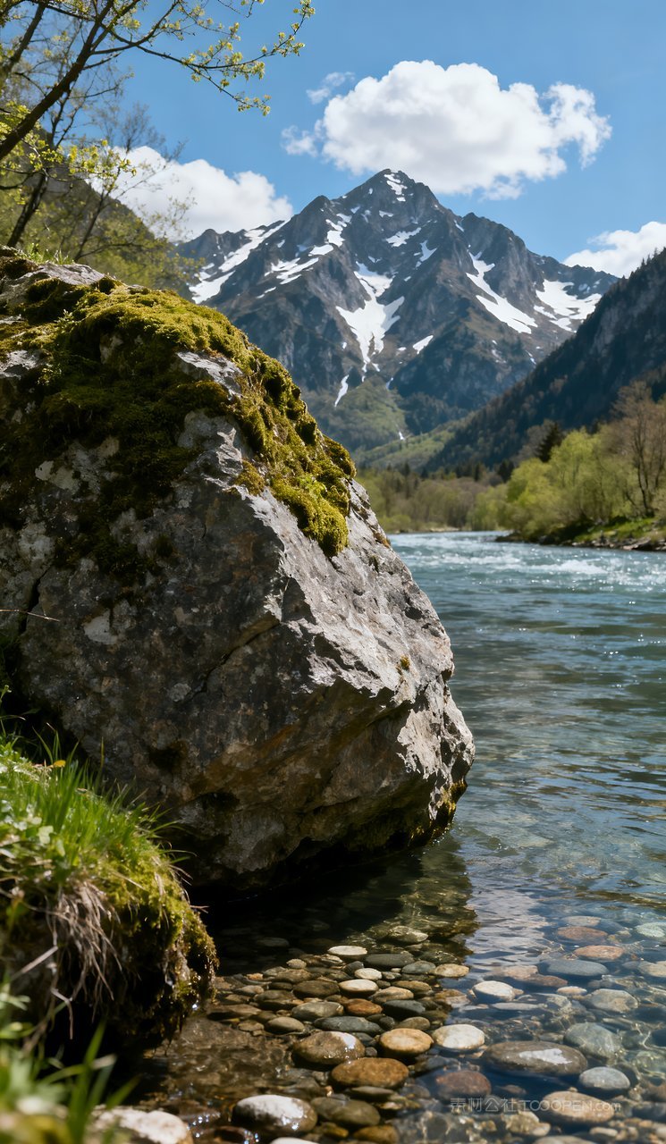 唯美春季山峰山水天空自然春天风景河流