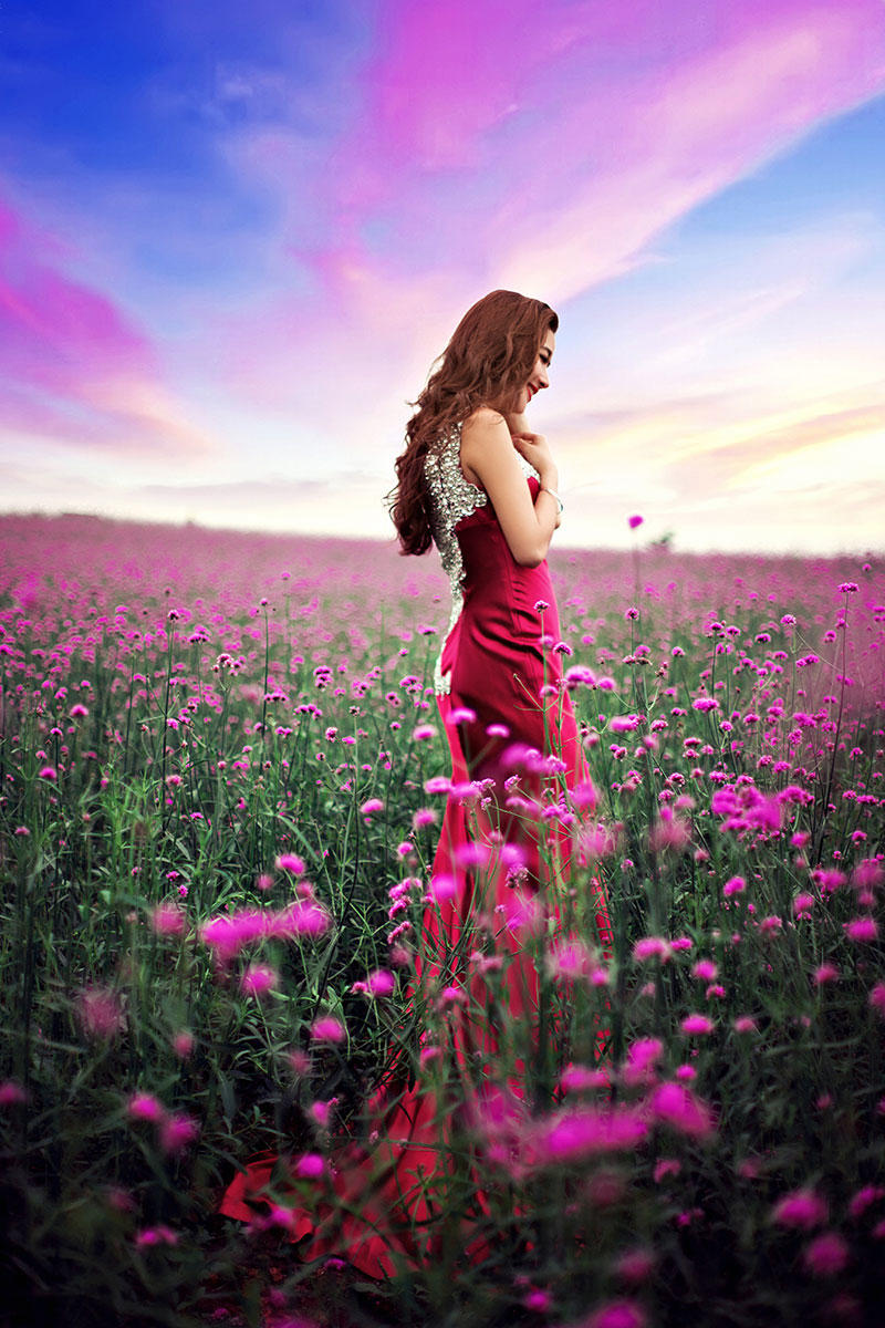 薰衣草中的性感女人