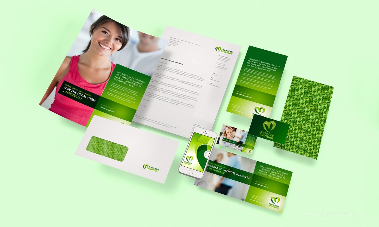 清新绿信封信纸手机vi办公用品样机贴图