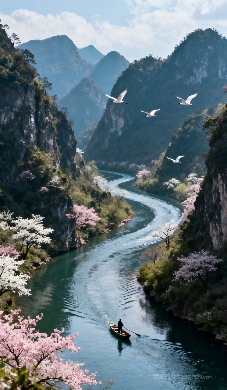 春季山峰山水天空河流春天唯美自然风景