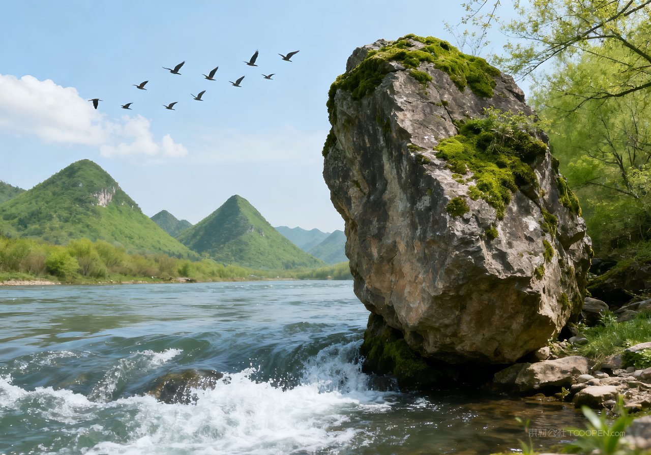 春天唯美山峰自然河流风景春意意境天空