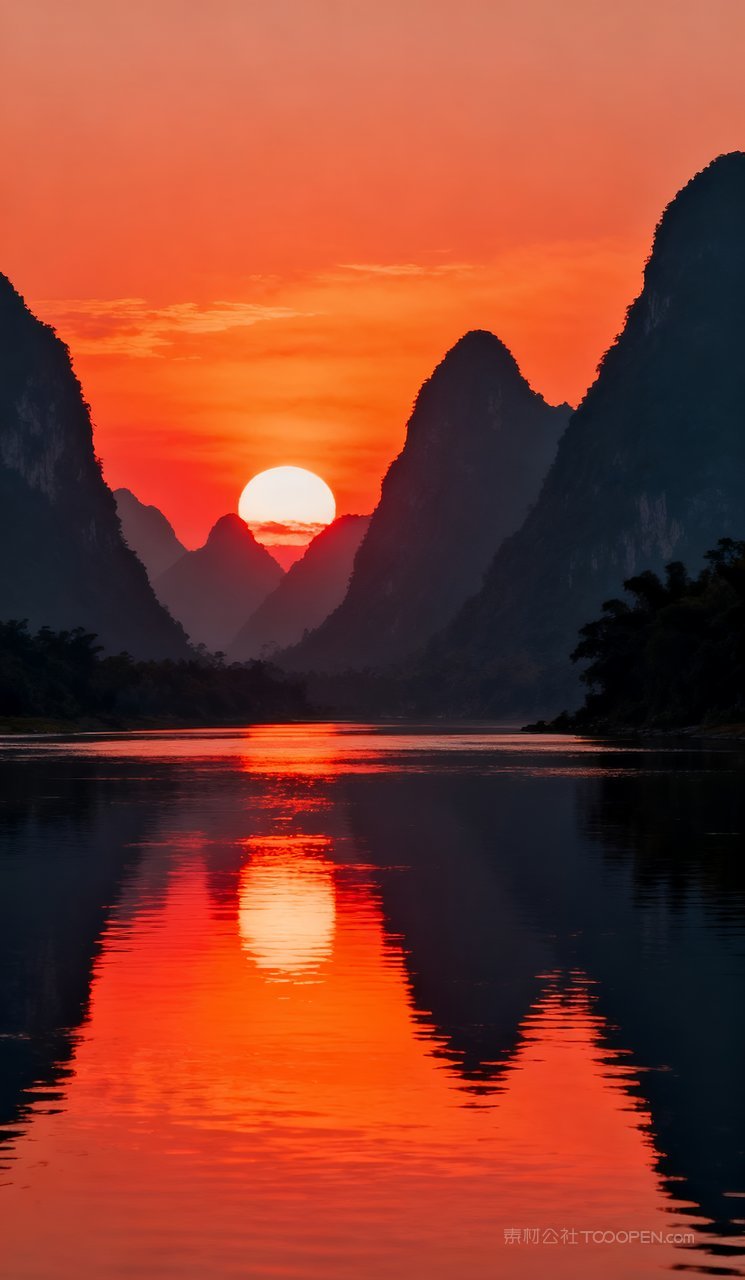 春季唯美春天自然山峰风景天空河流山水