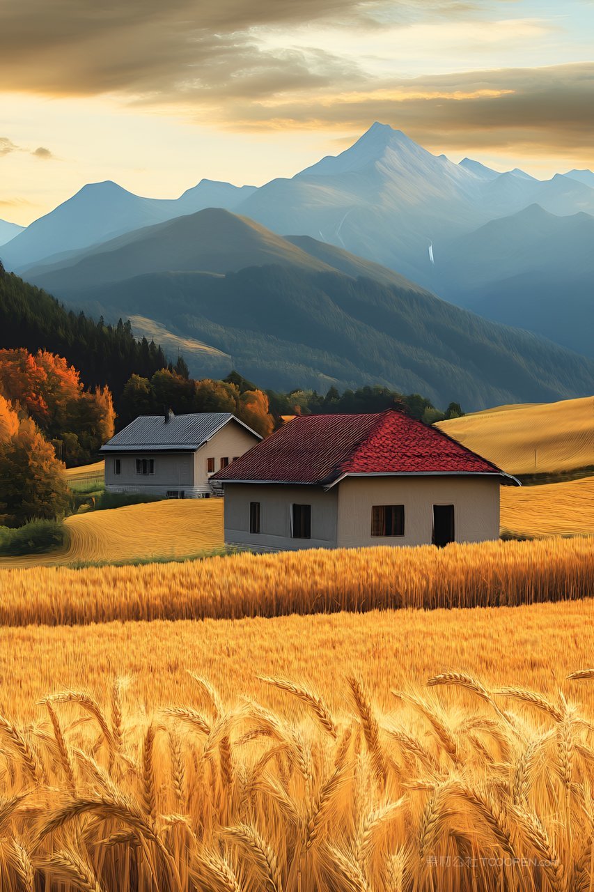 金色丰收麦田小屋