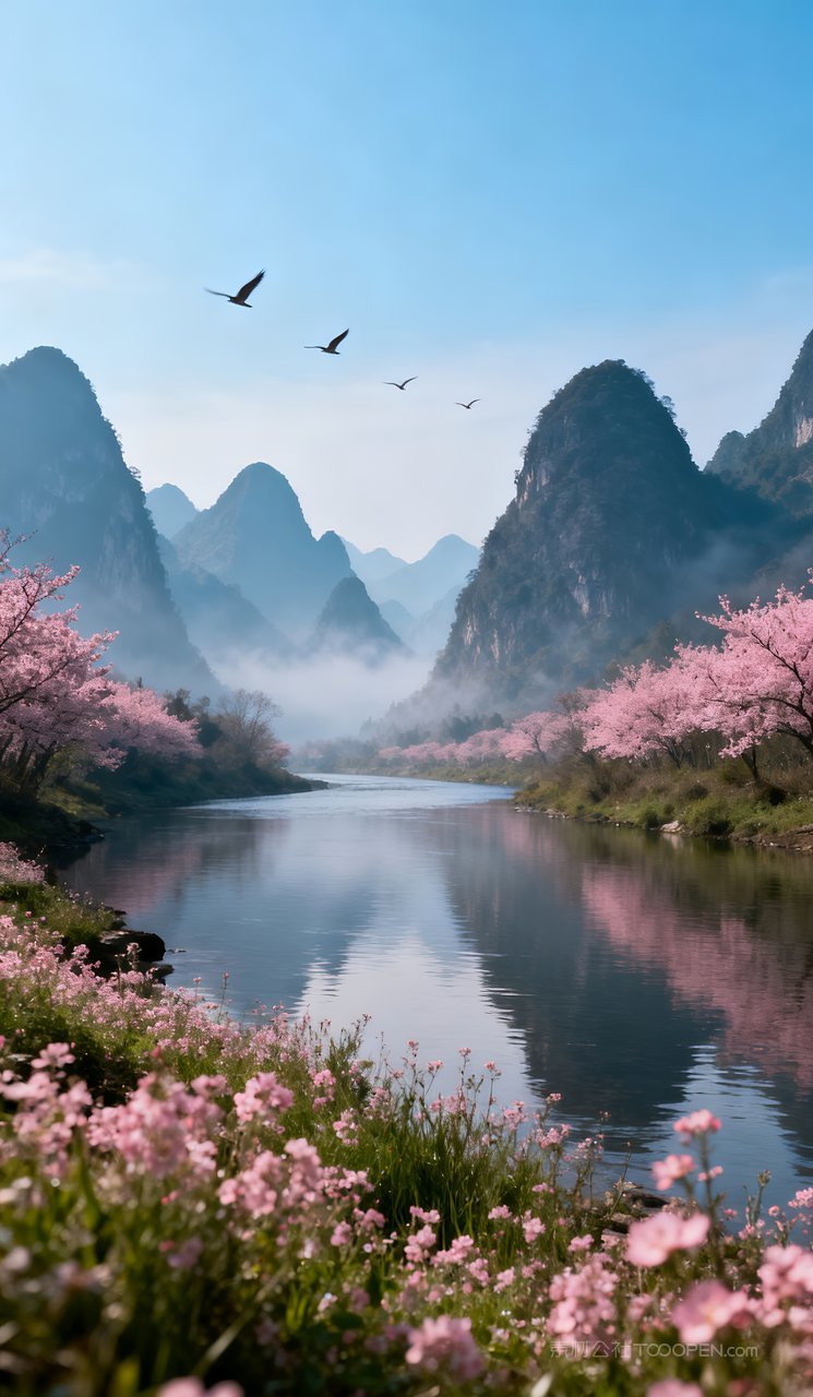 河流春季山水天空唯美自然风景山峰春天