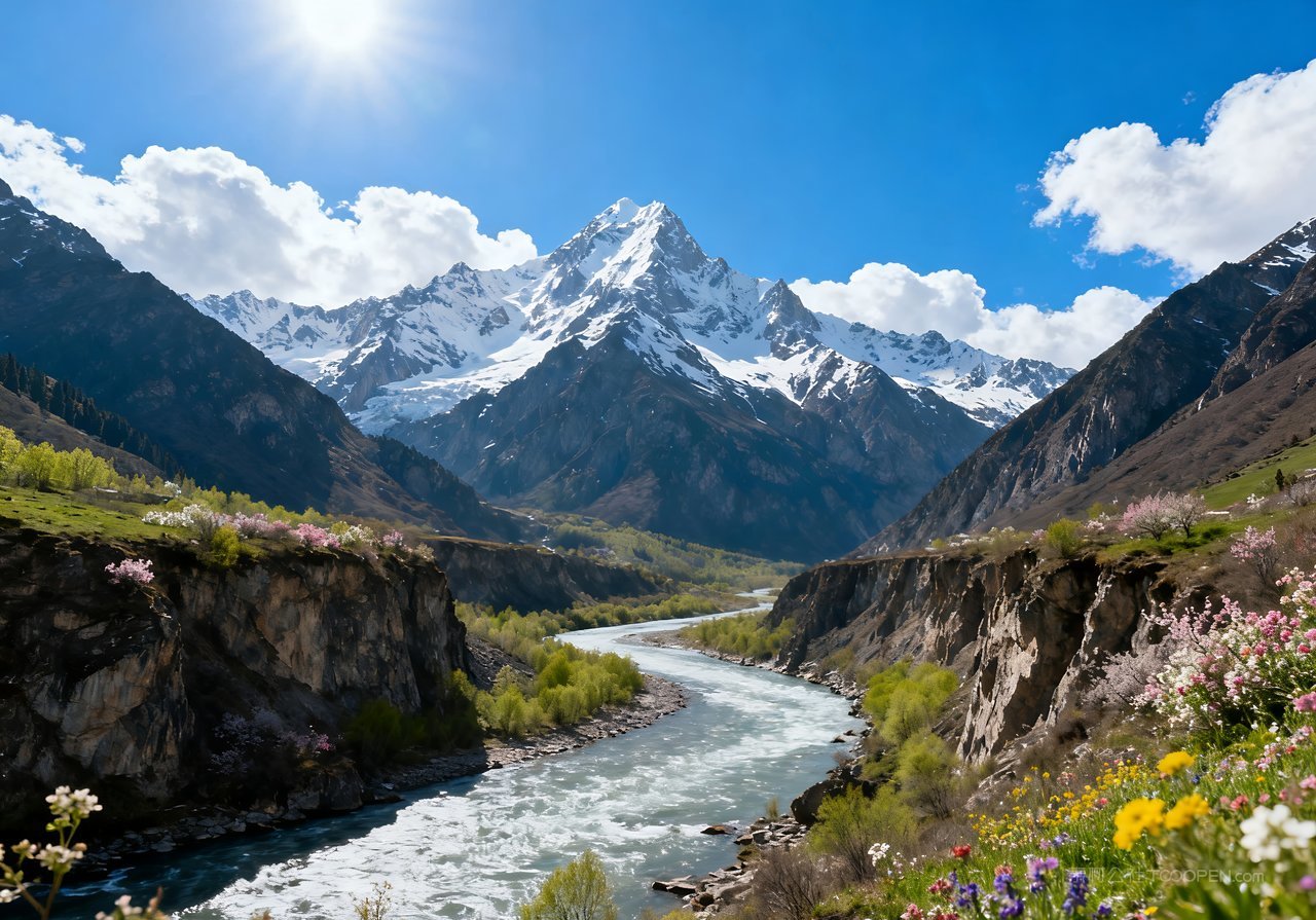 意境风景天空唯美自然春天山峰河流春意