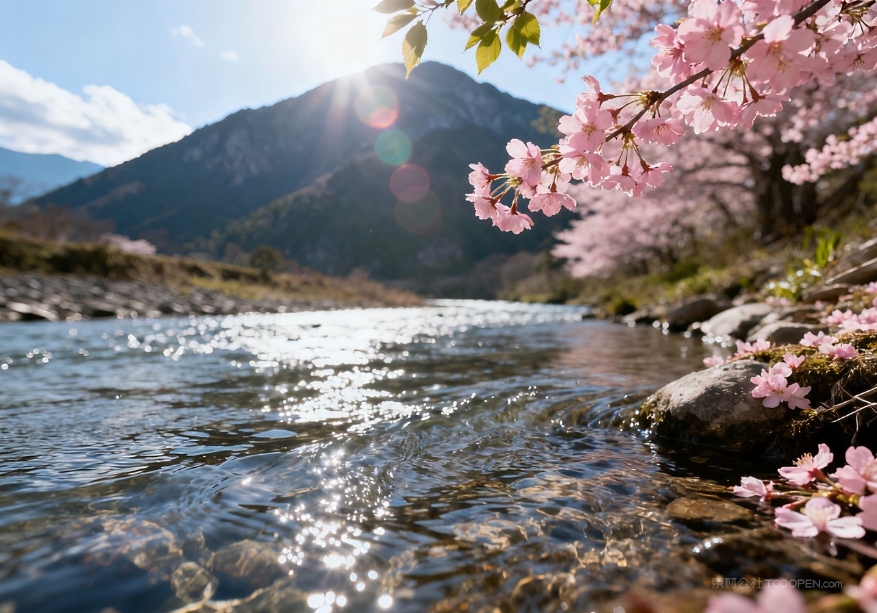 春意唯美意境风景山峰春天自然河流天空