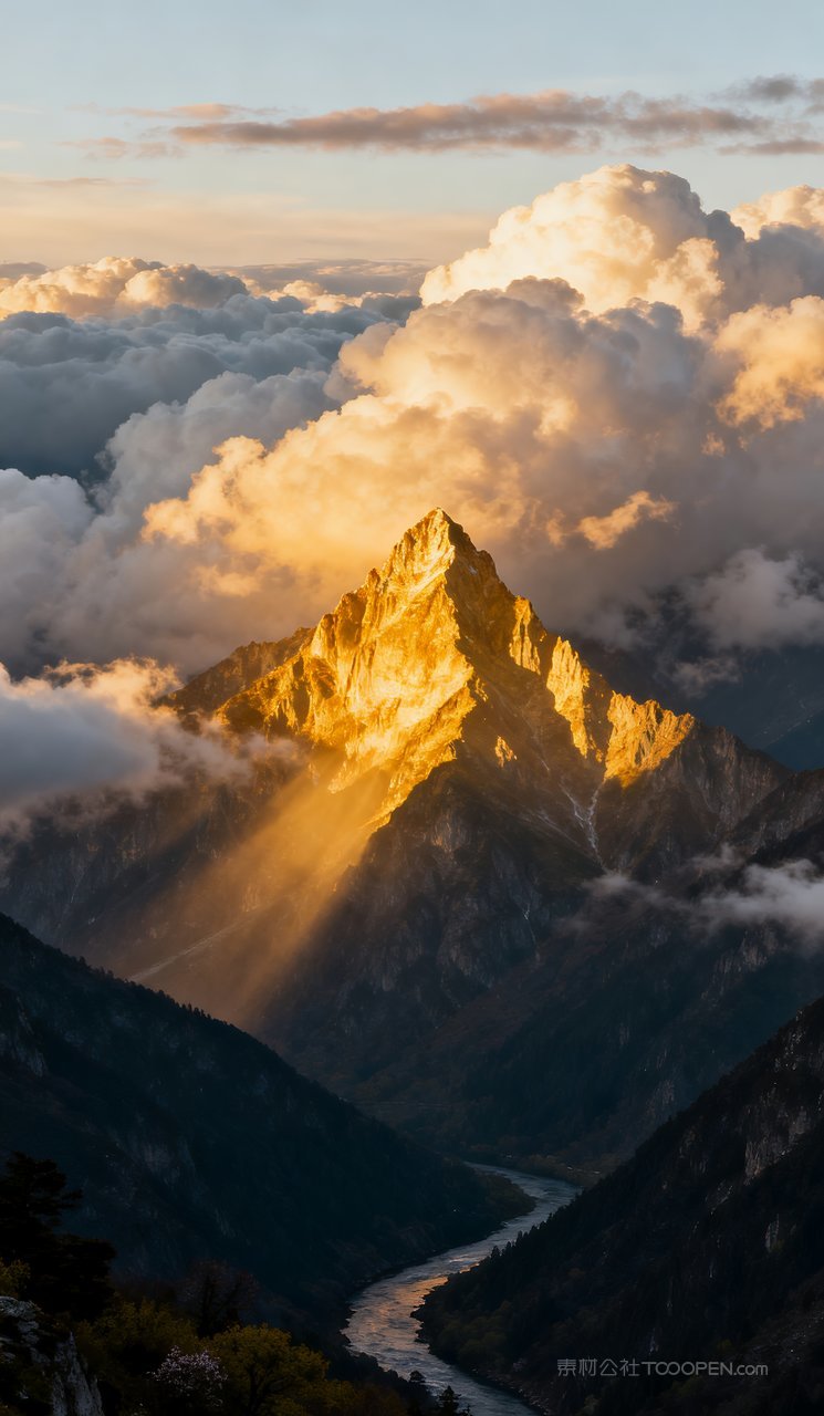 春季山水风景景色山峰唯美自然河流天空春天