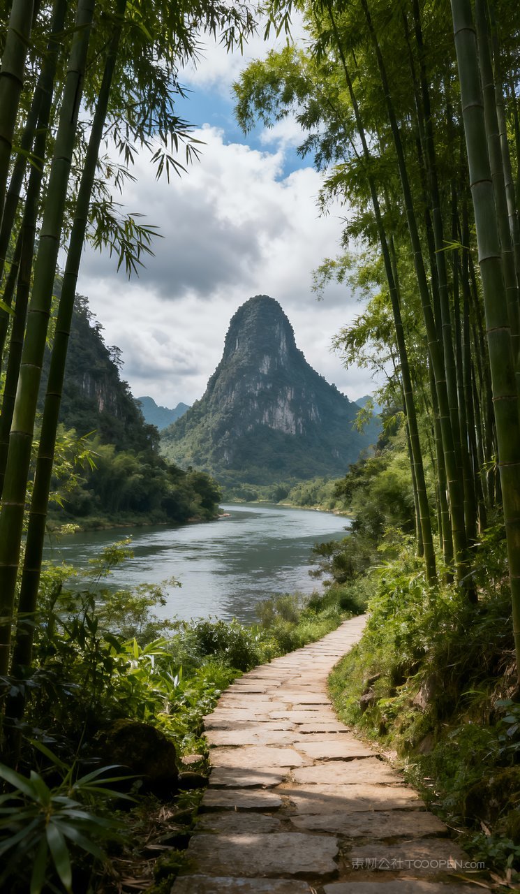 唯美河流意境山峰山水春天自然风景天空