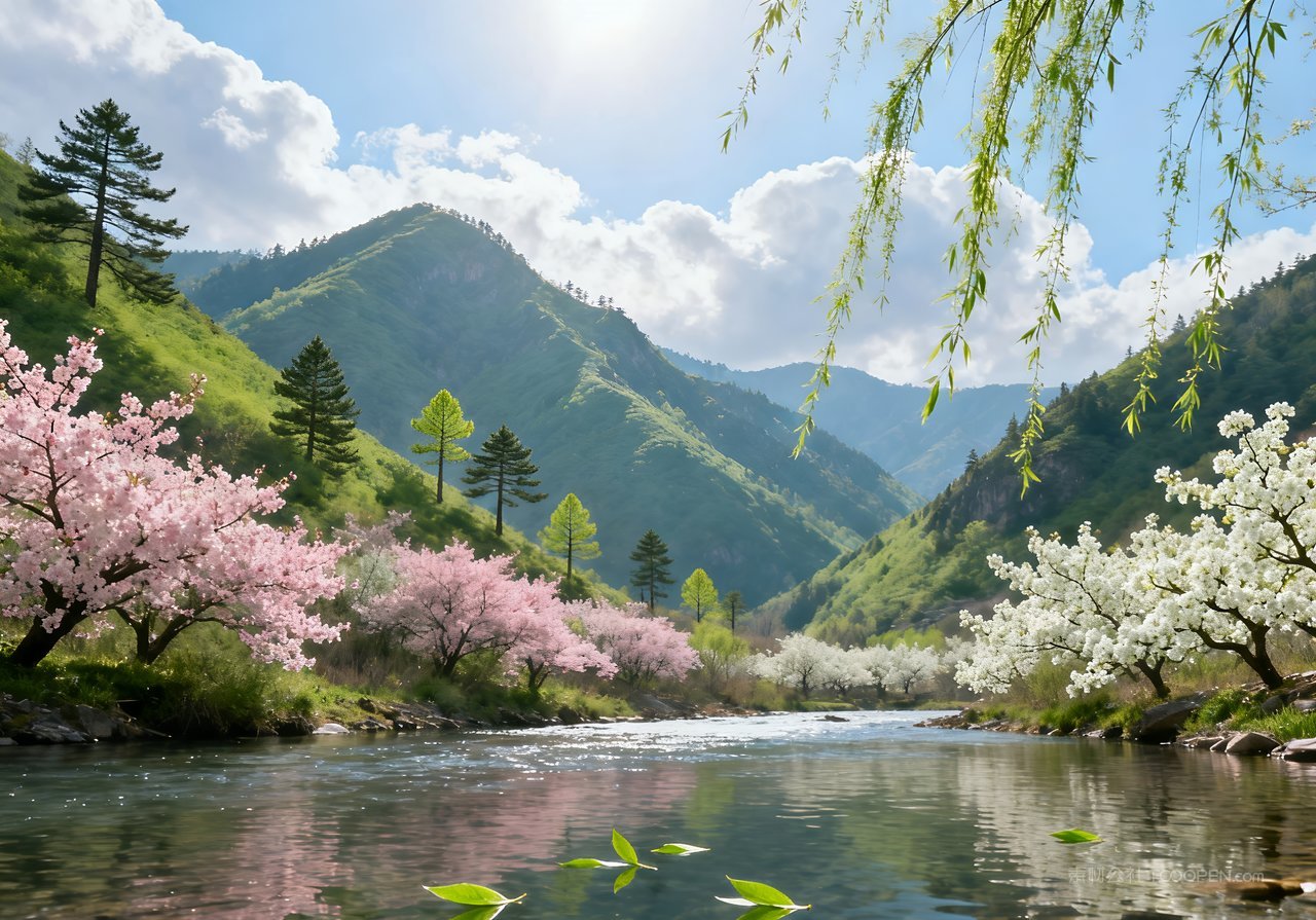 河流意境天空风景春意唯美山峰春天