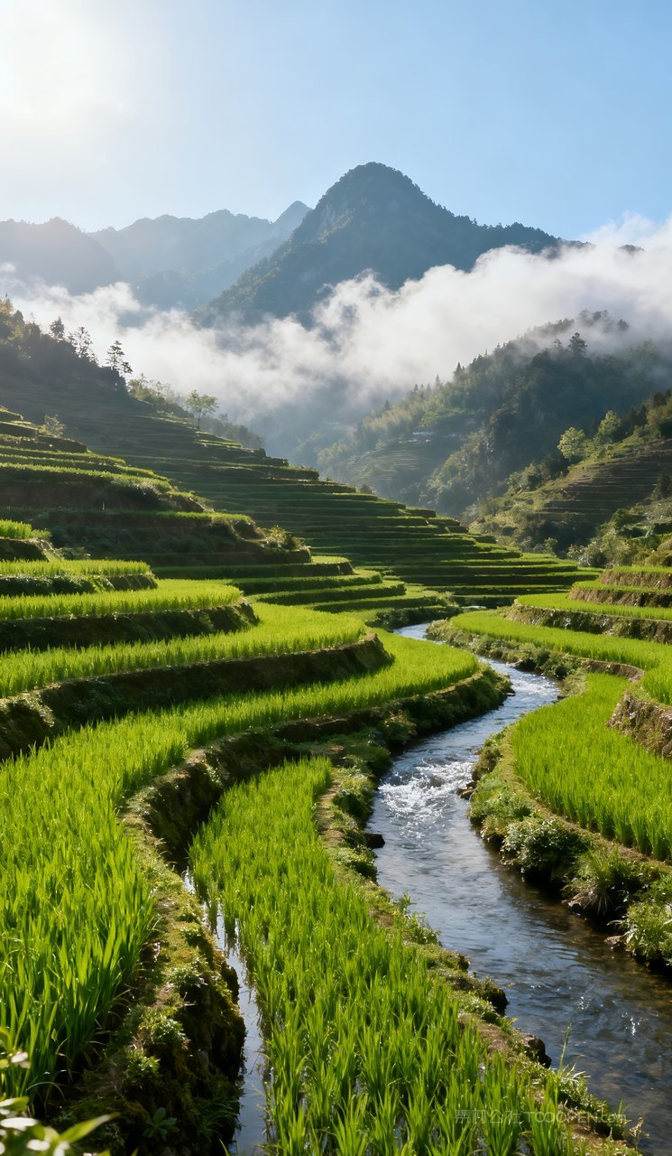 山峰唯美河流春天意境山水天空风景