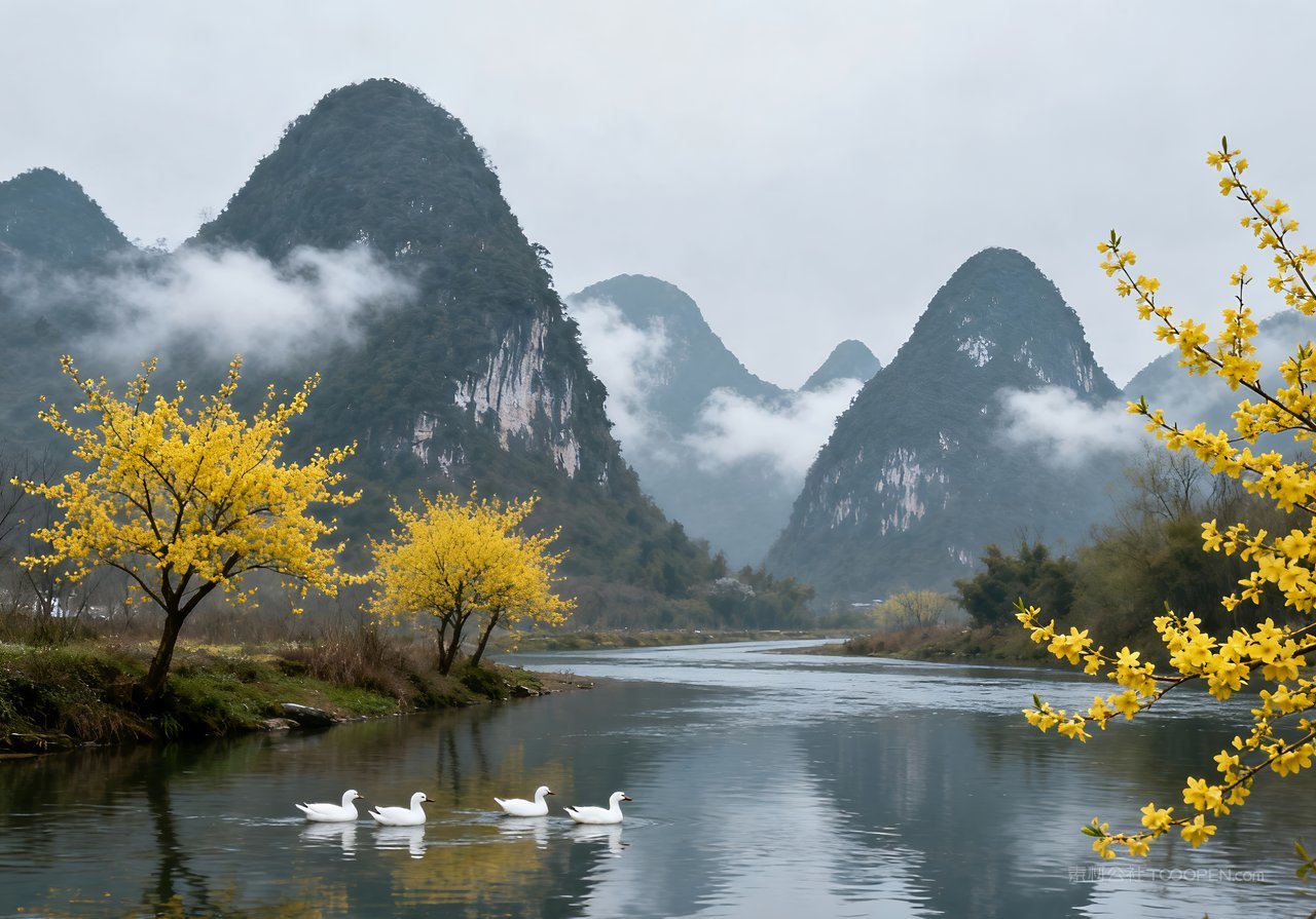 风景意境山水山峰唯美河流春天天空
