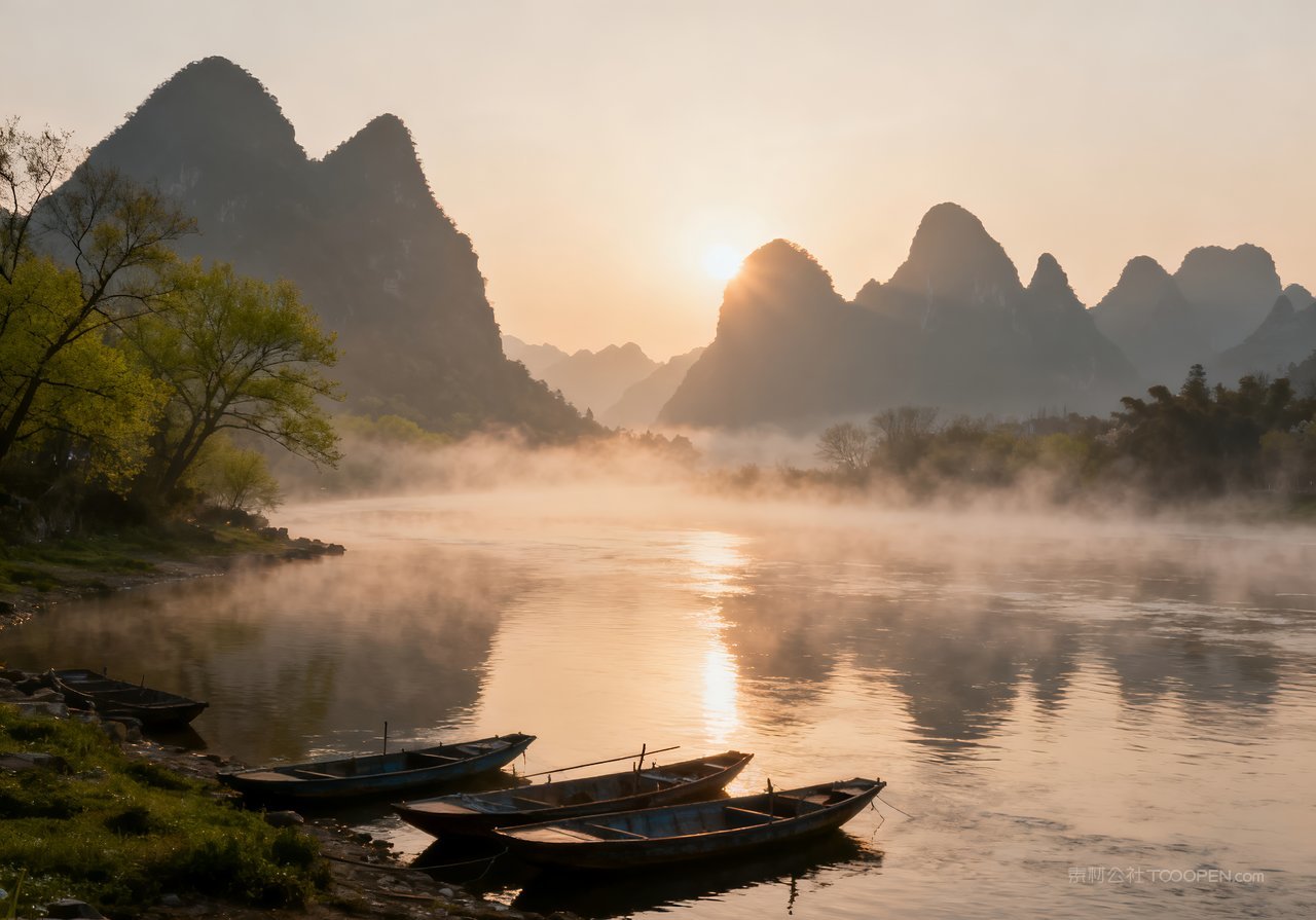 山峰春天春意河流天空风景自然意境唯美