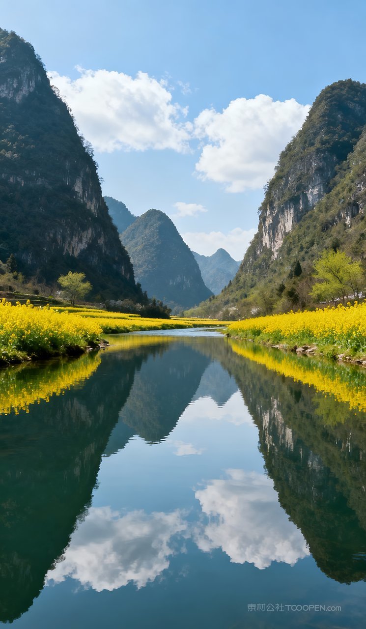 唯美春天山水山峰河流天空自然风景