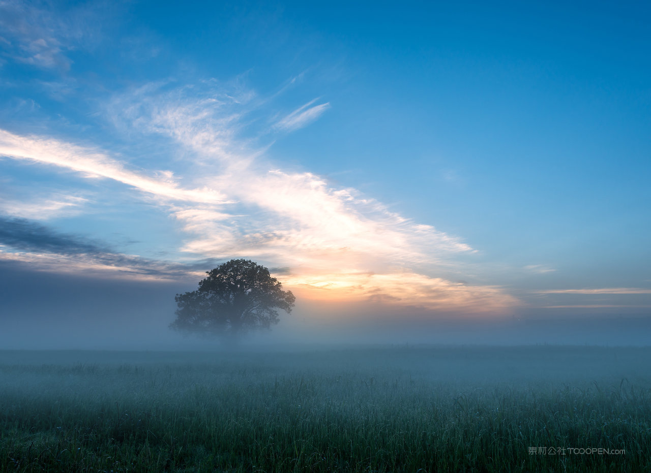 薄雾湖畔风景画图片