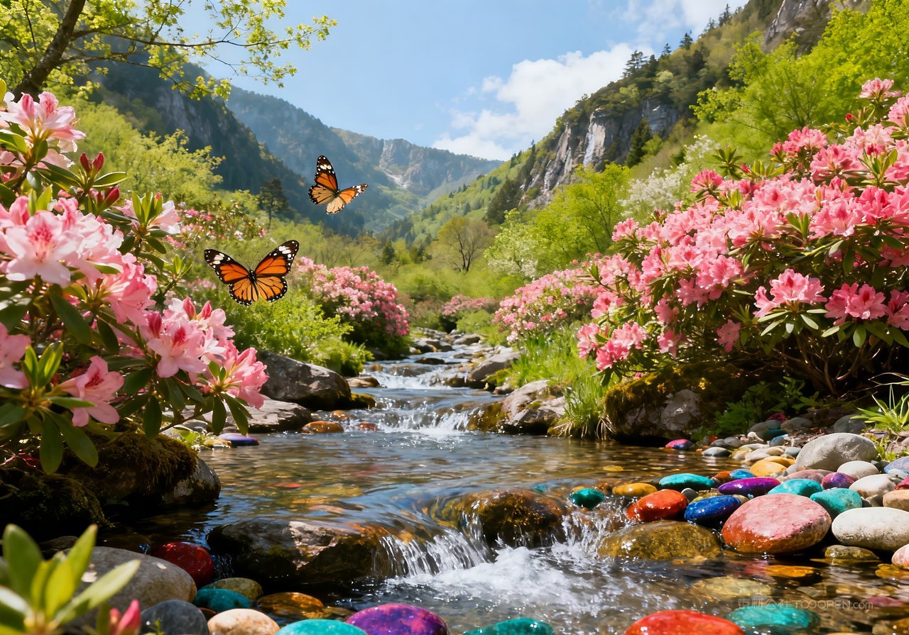 春意意境风景自然河流山峰天空春天唯美
