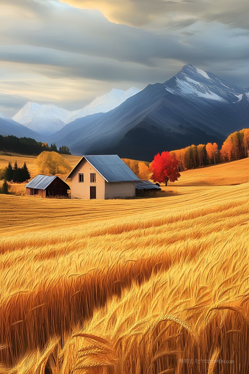 金色丰收麦田乡村小屋