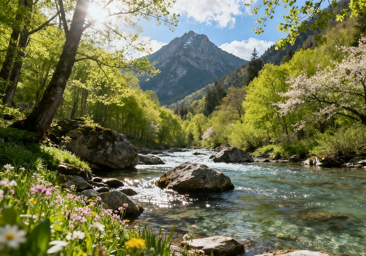 山峰春天春意风景河流天空唯美意境