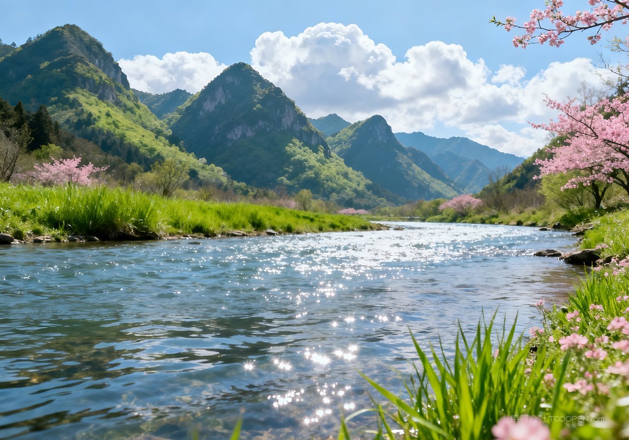 意境春天风景自然春意山峰天空河流唯美