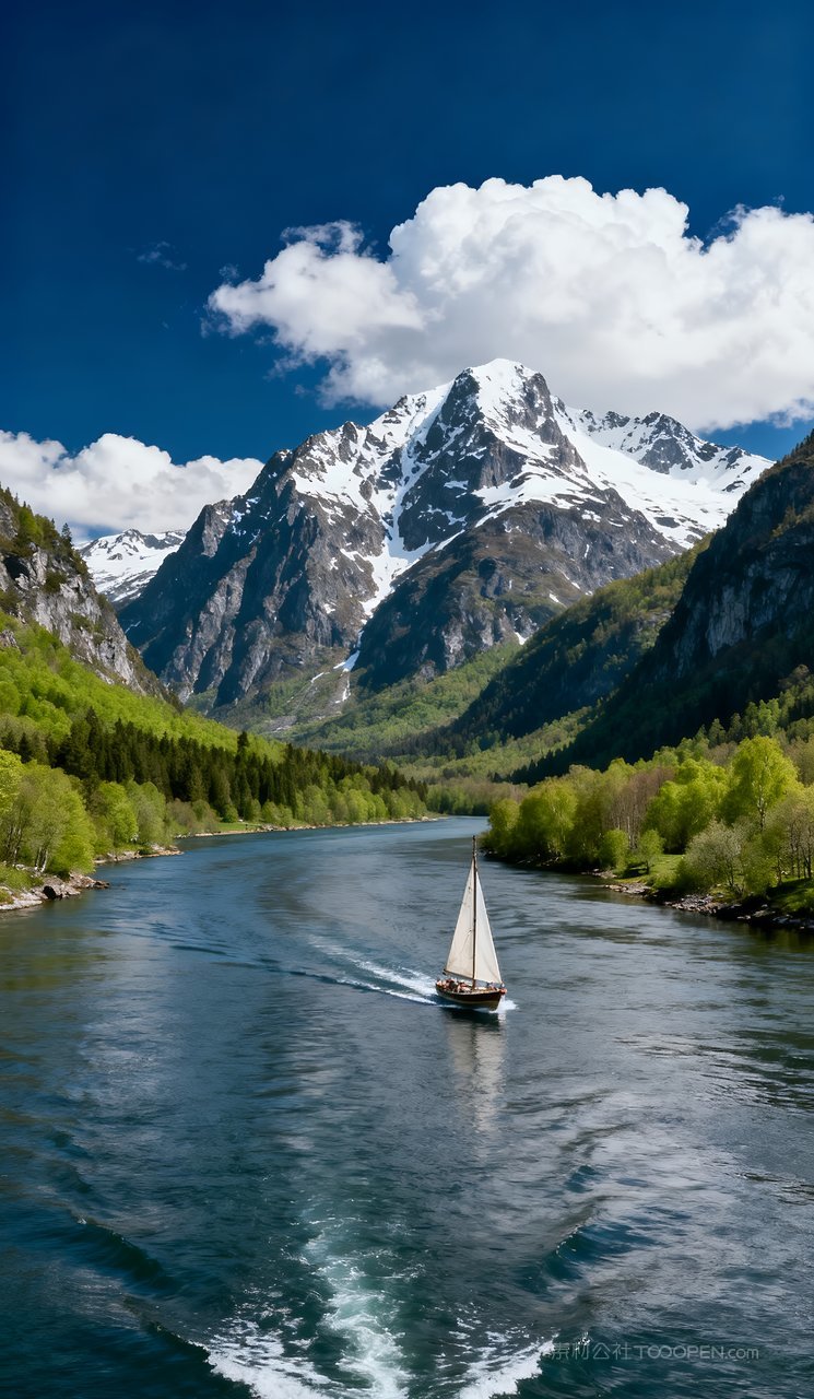 春季自然景色天空河流春天唯美山水山峰风景