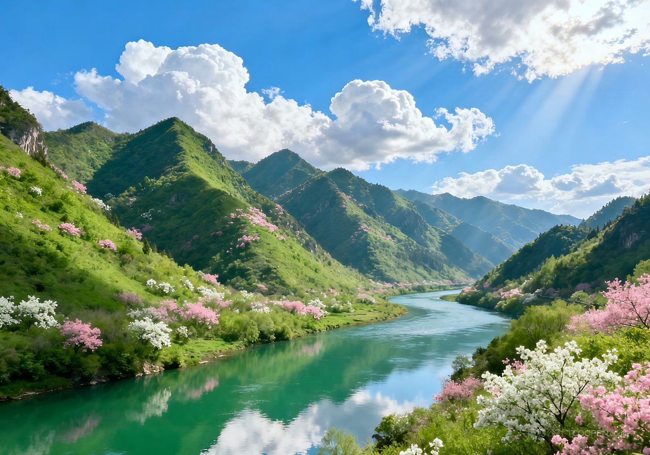 春天河流自然意境春意风景天空山峰