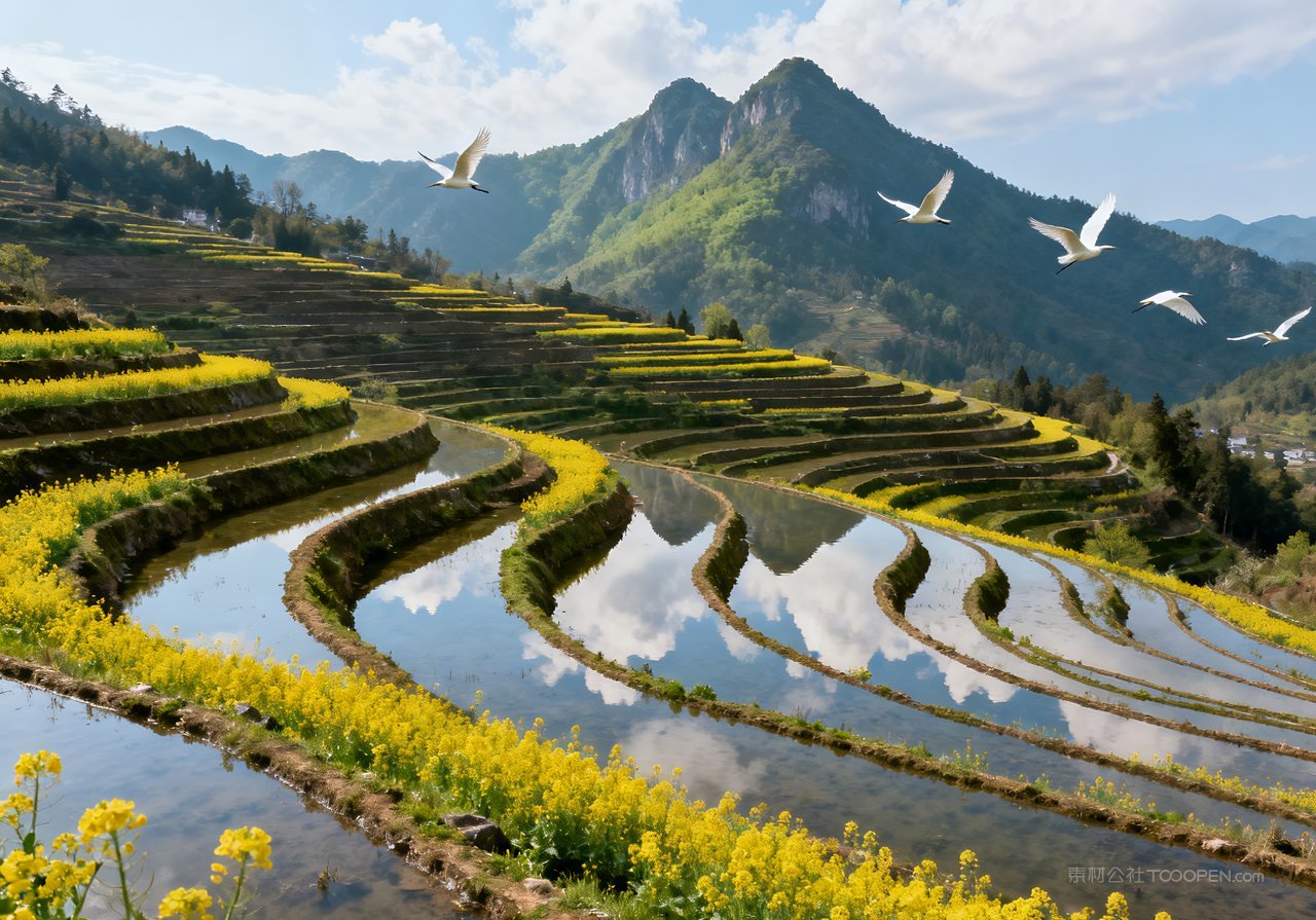 河流山峰意境唯美天空春意风景春天