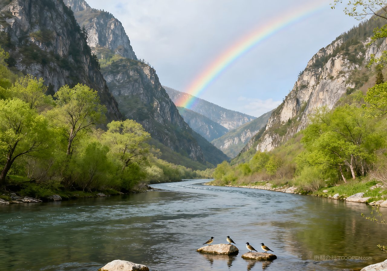 山峰天空河流山水意境唯美风景春季