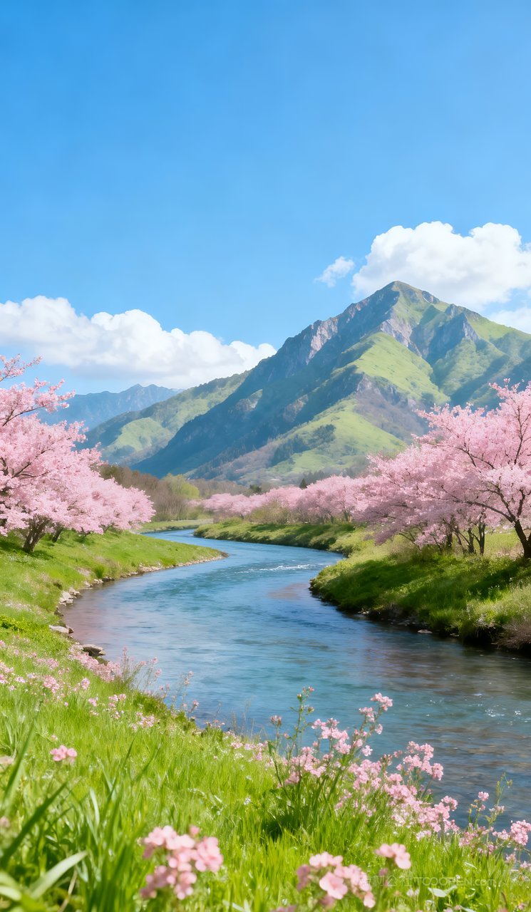 山峰山水风景河流春天自然春季天空唯美