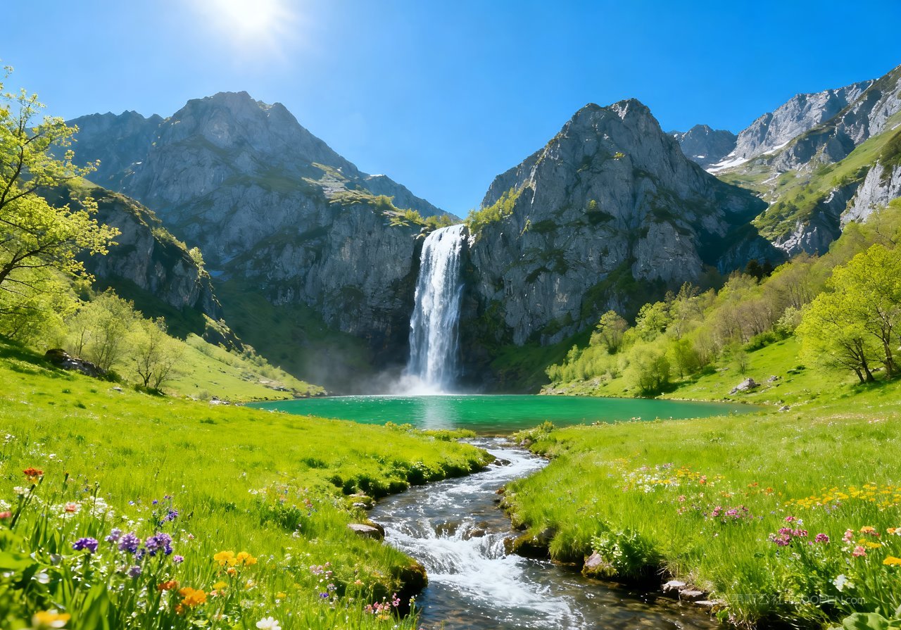 春意山峰自然意境春天风景河流天空