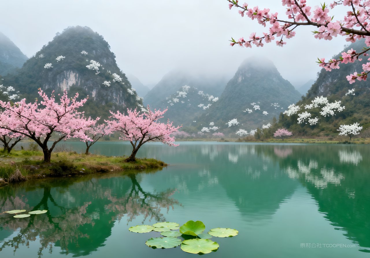 春天天空春意山峰意境风景河流自然唯美