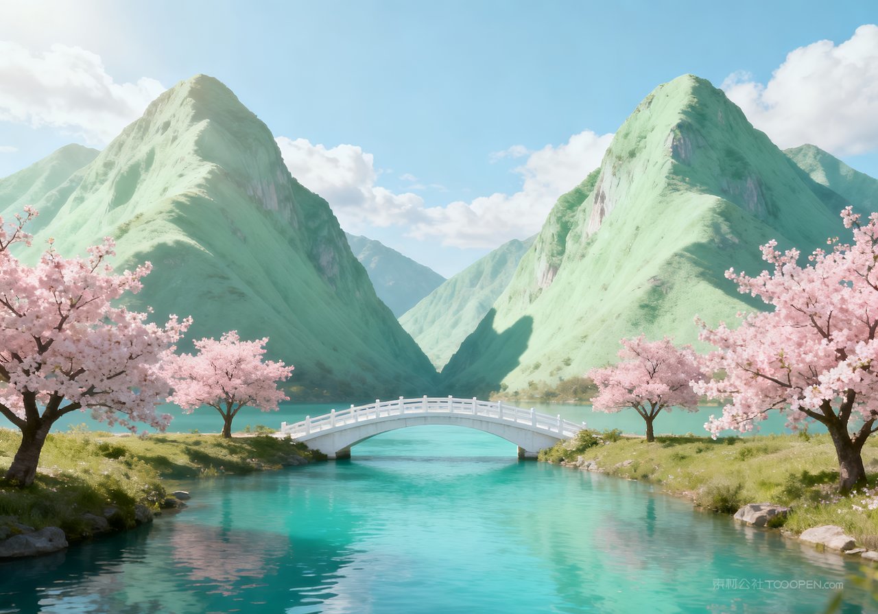 春天春意自然天空山峰风景河流意境