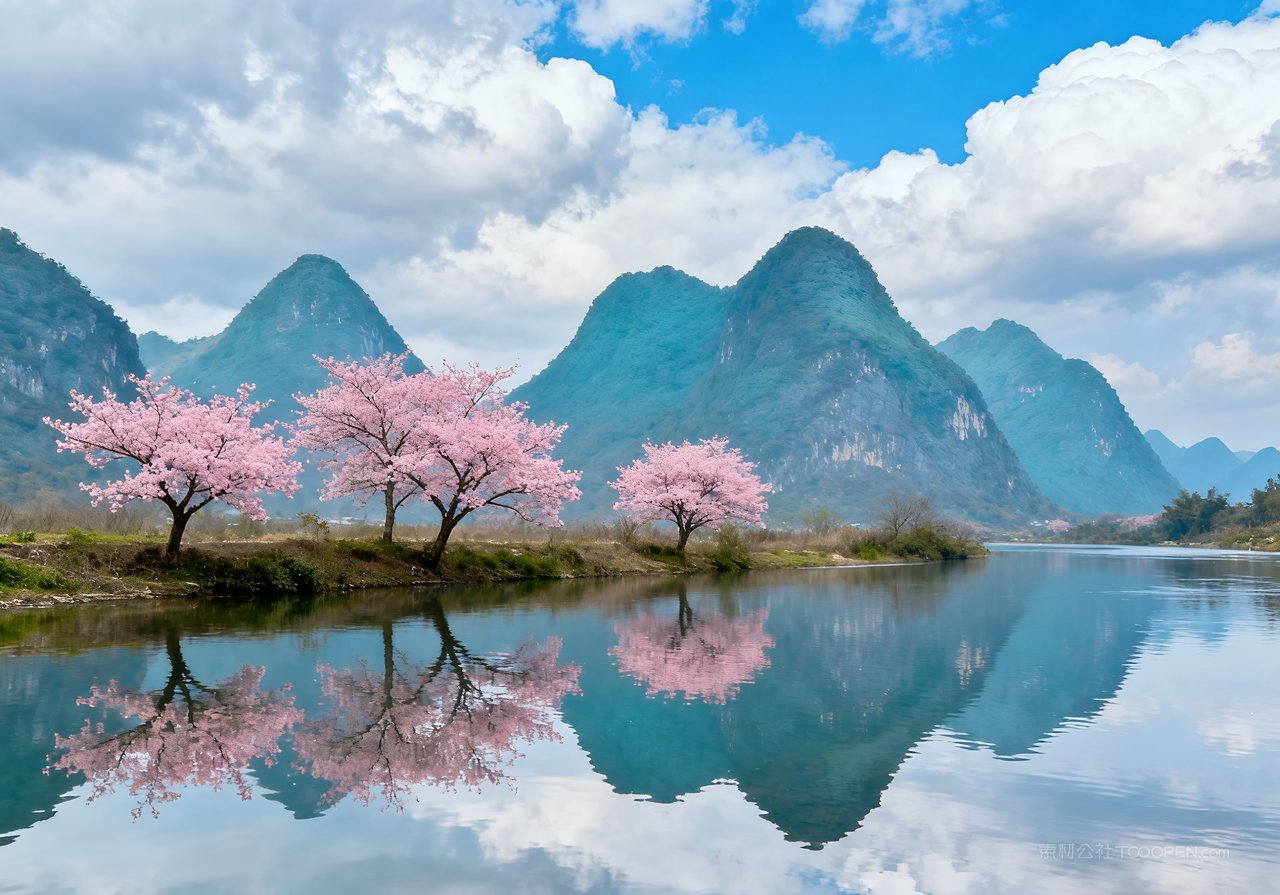 风景山峰意境春意河流自然春天天空