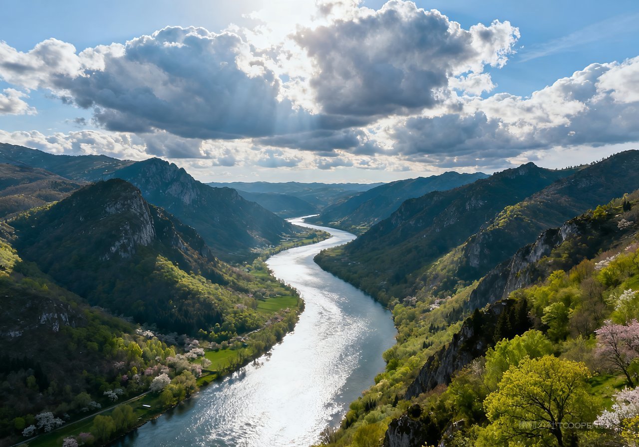 风景意境山峰天空自然春意河流春天