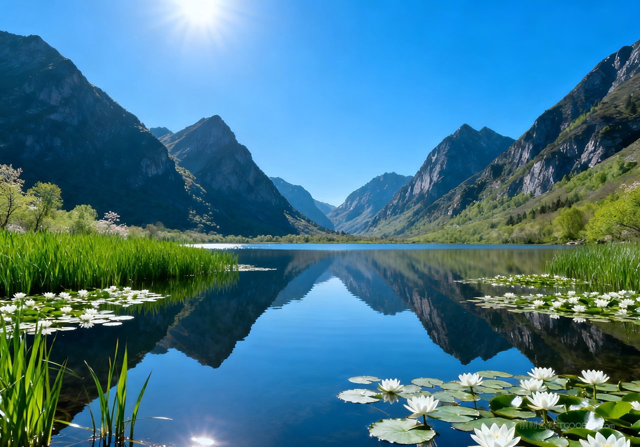 山峰风景意境自然河流春天春意天空