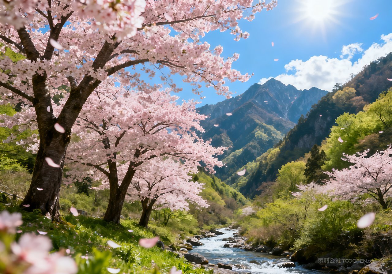 河流意境春意天空春天风景自然山峰