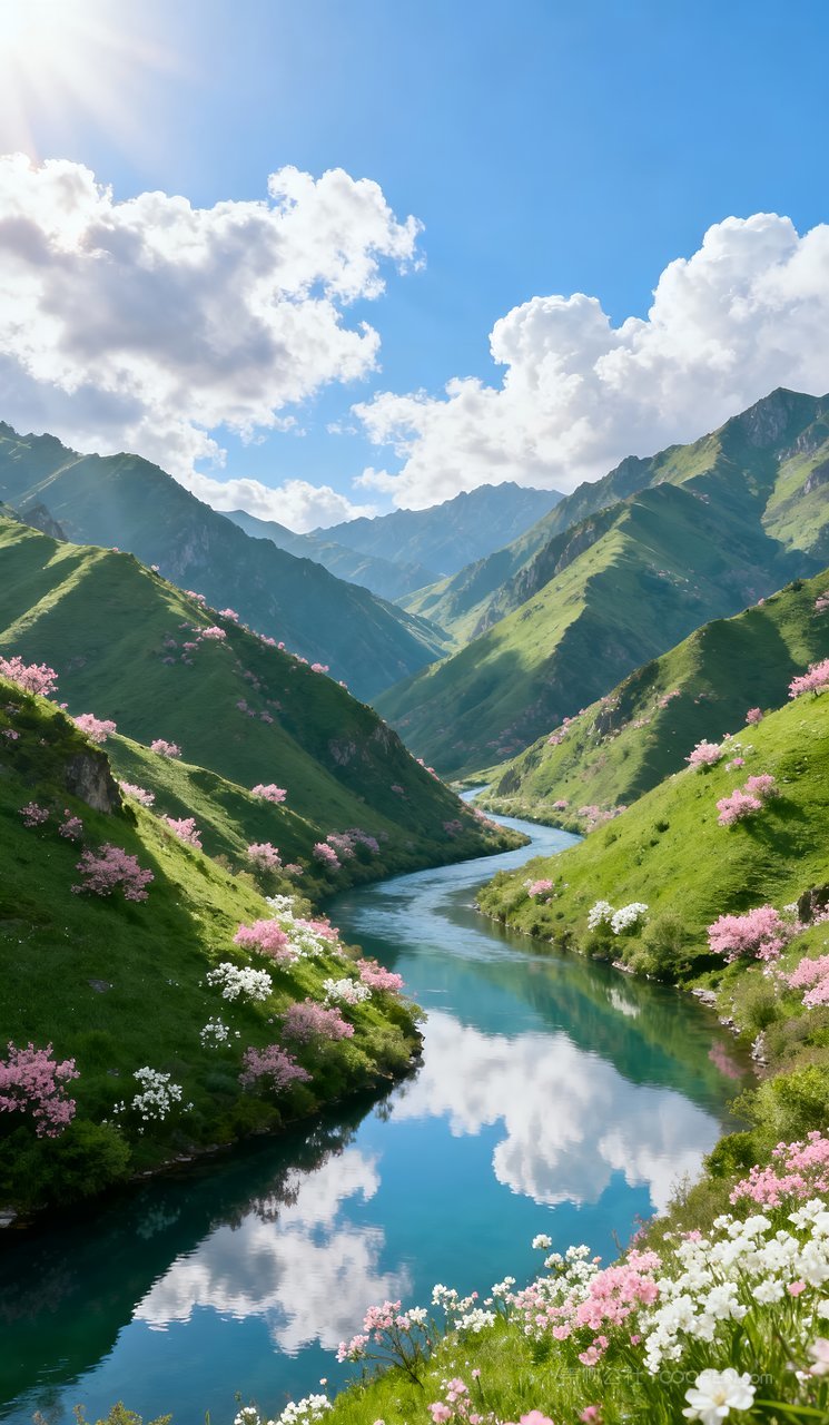 山水风景景色河流唯美春季春天山峰自然天空