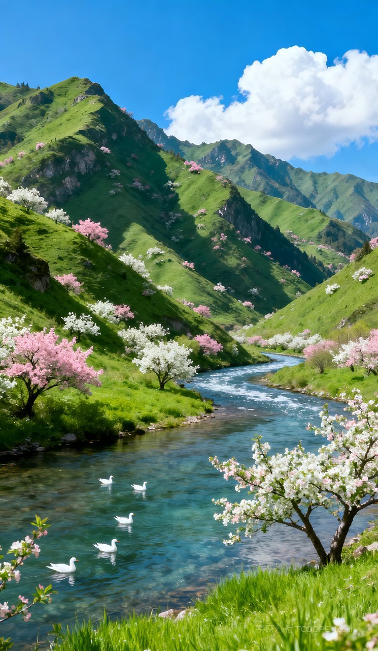 春季自然风景天空唯美山水山峰景色春天河流