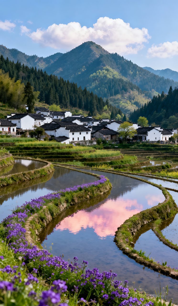 风景自然春天春季景色山水唯美山峰天空河流