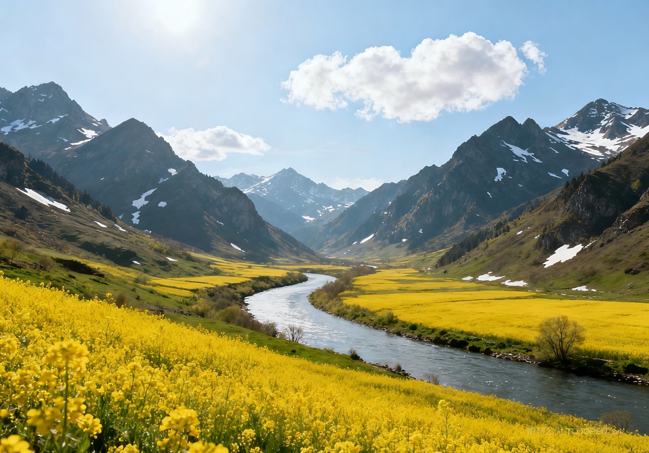 意境风景山峰春意河流春天天空唯美
