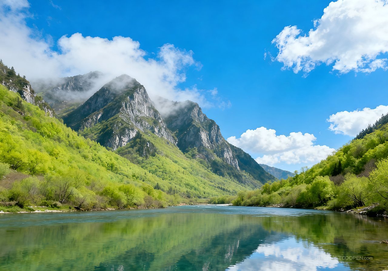 意境天空河流春天春意山峰风景唯美