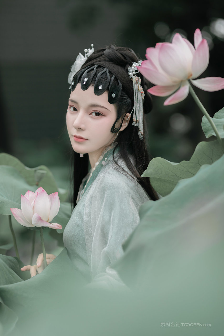 荷花池中的唯美古风美女高清写真图片