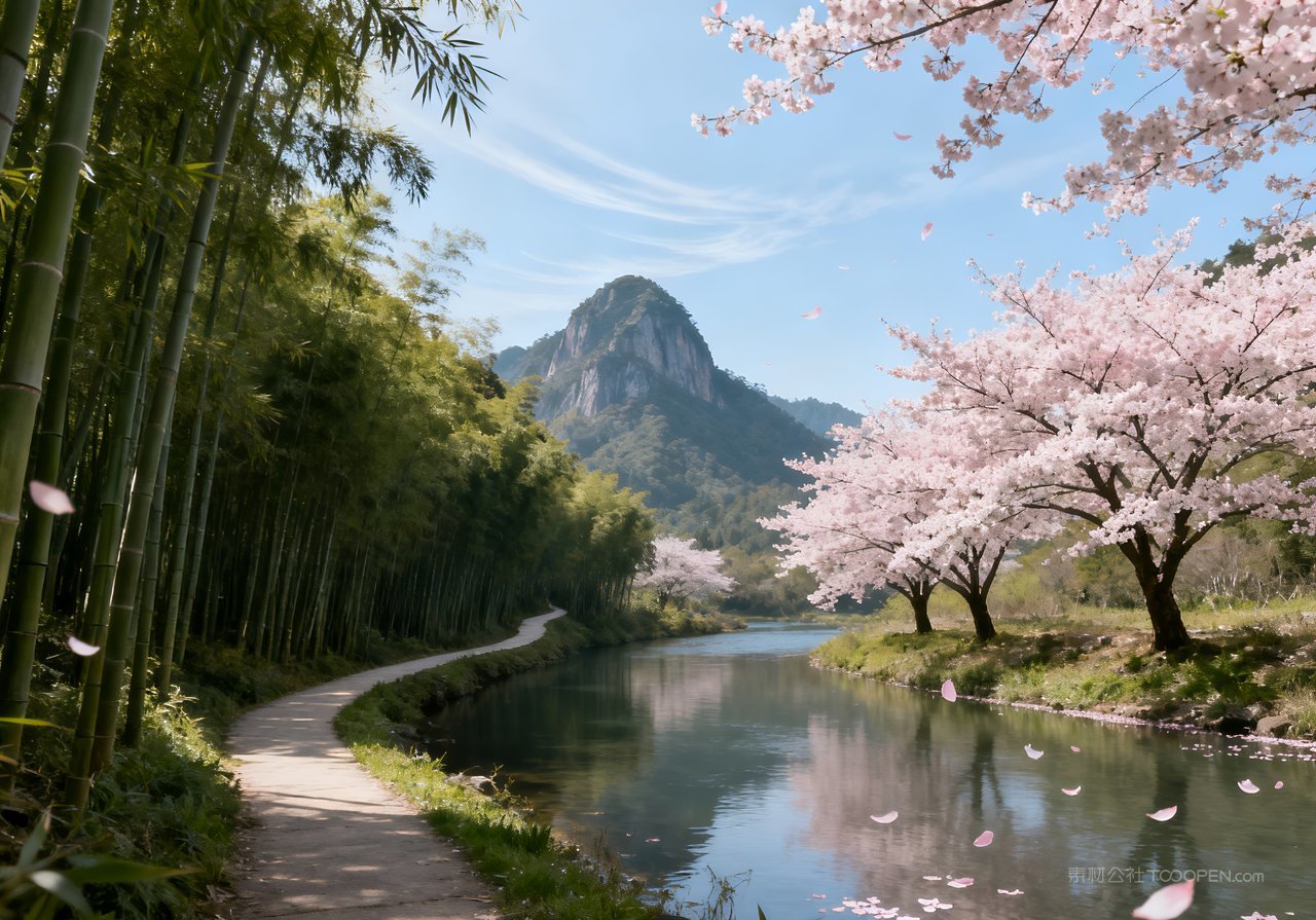 春天天空意境春意山峰河流唯美风景