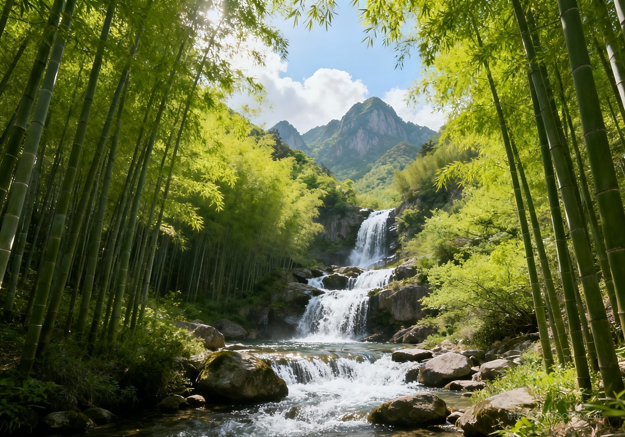 春天山水意境山峰河流风景天空唯美