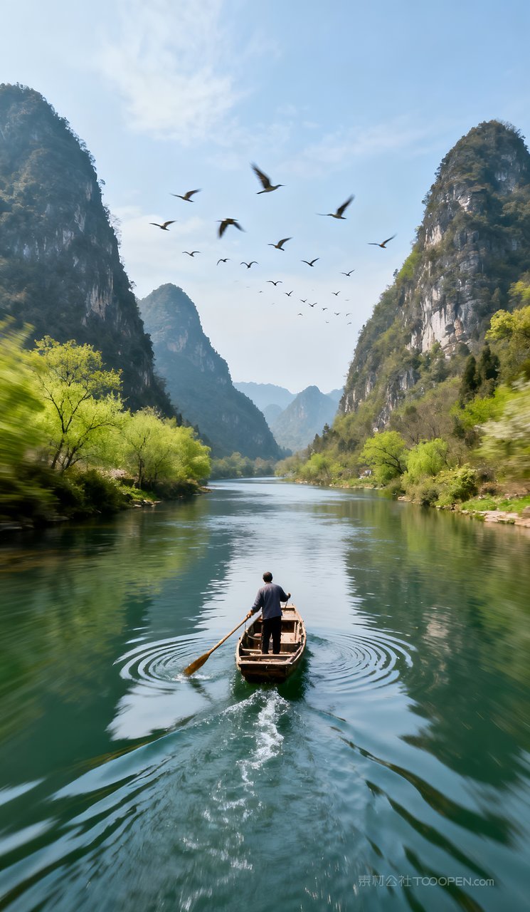 河流唯美春天天空风景山水山峰自然