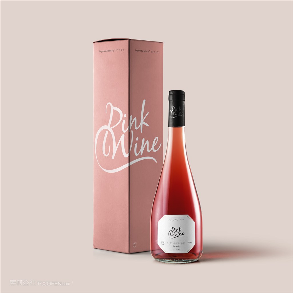 粉色瓶子酒瓶和外包装盒贴图样机