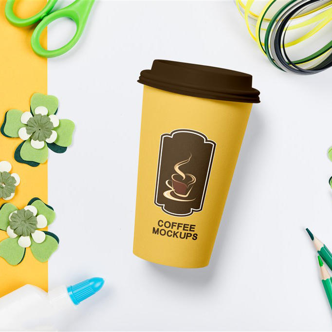 剪纸手工台办公桌咖啡杯包装样机