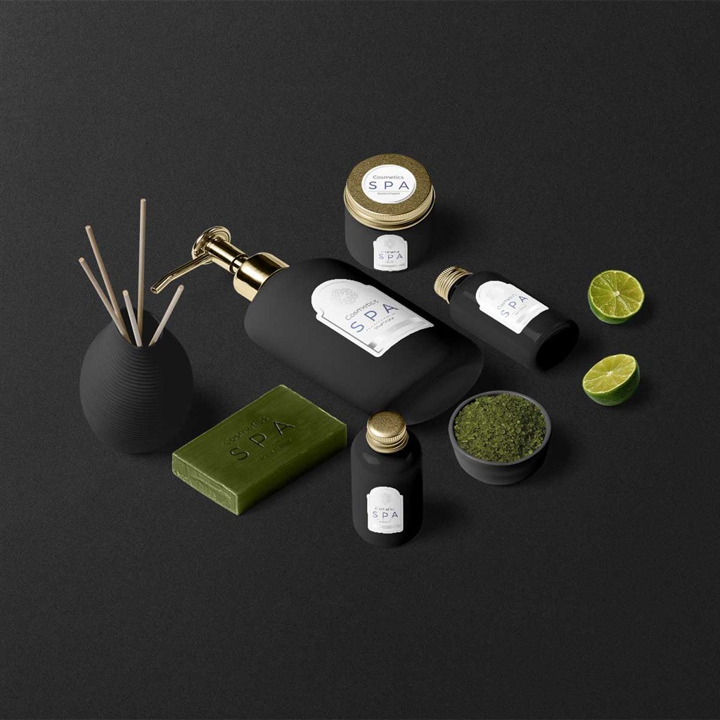 黑色spa精油瓶子包装样机模板