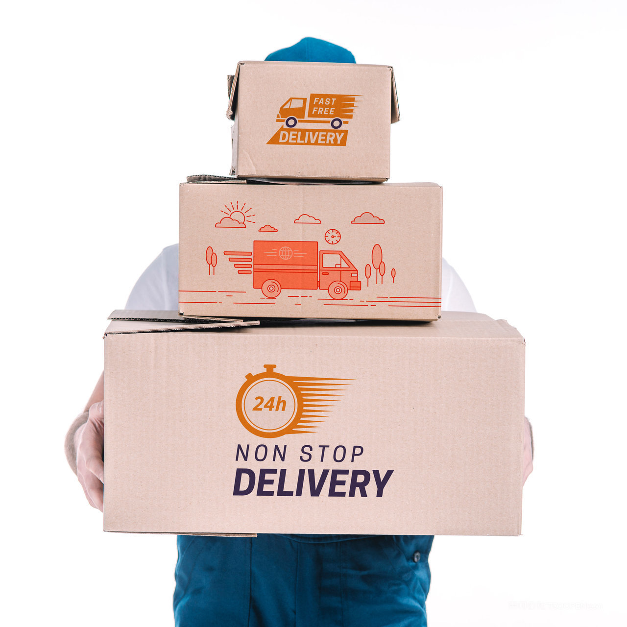 快递员抱着纸盒快递盒贴图样机