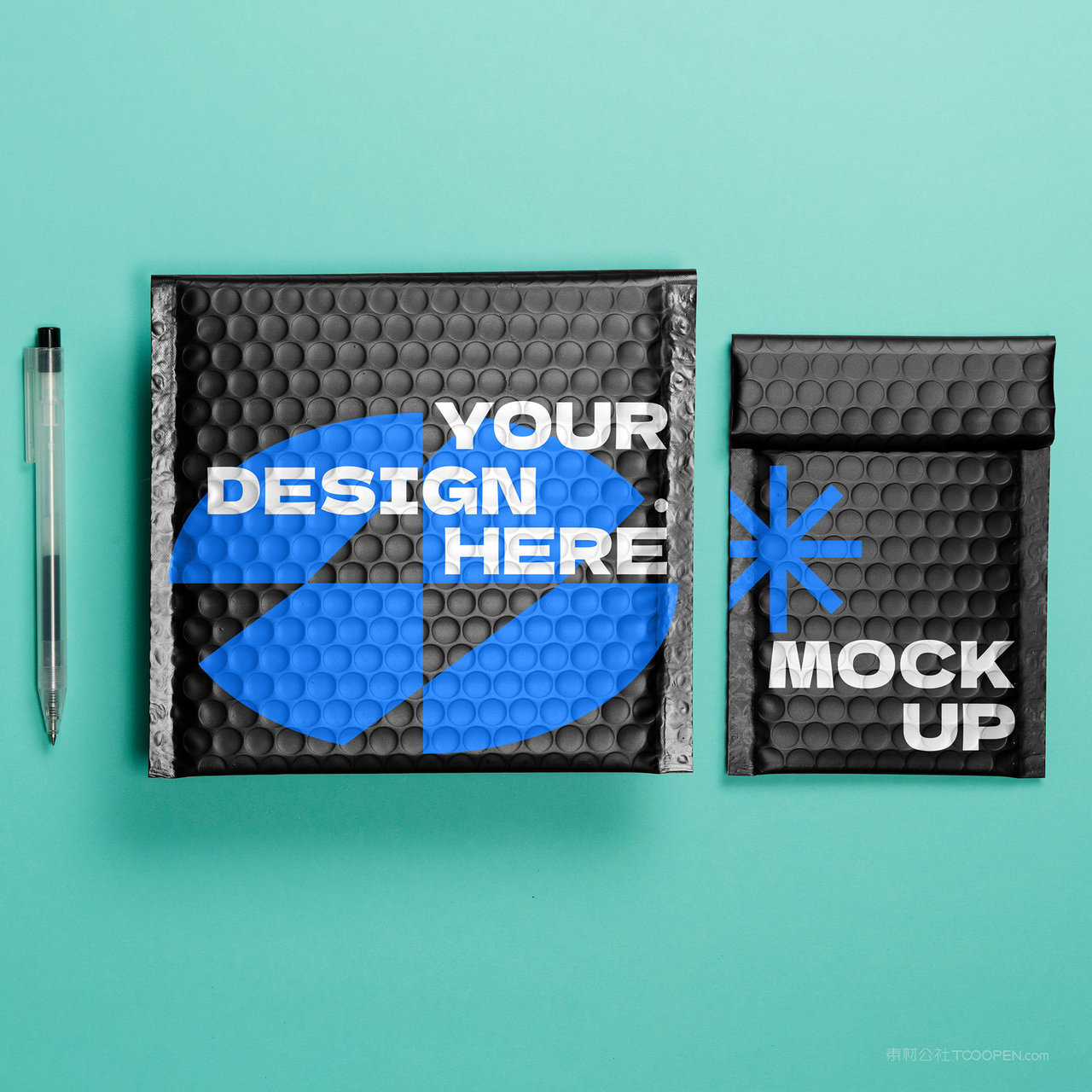 两种尺寸的黑色气泡包装袋快递防震包装袋贴图样机