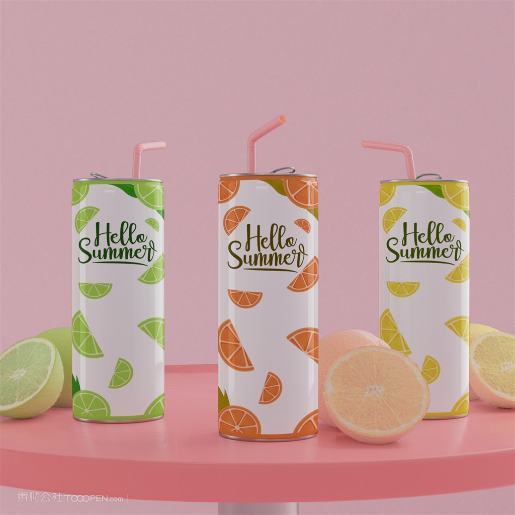 桌面上带吸管的易拉罐苏打水贴图样机